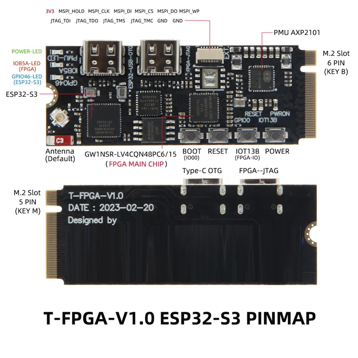 لوحة تطوير Yours T-FPGA ESP32-S3 فتحة M.2 FPGA GW1NSR-LV4CQN48PC6/I5 وحدات تحكم دقيقة منخفضة الطاقة WiFi Bluetooth5