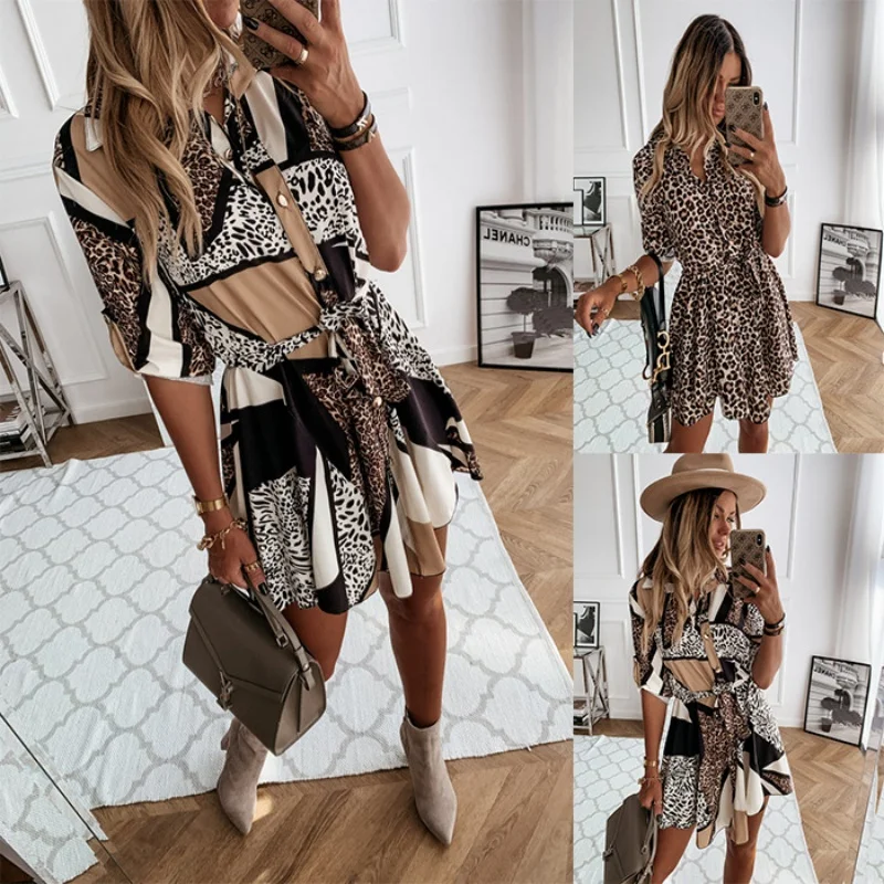 

Woman Leopard Print Patchwork Shirt Dress Belted Waist Half Sleeves Button Down for Edgy Chic Street Fashion Daily Wear