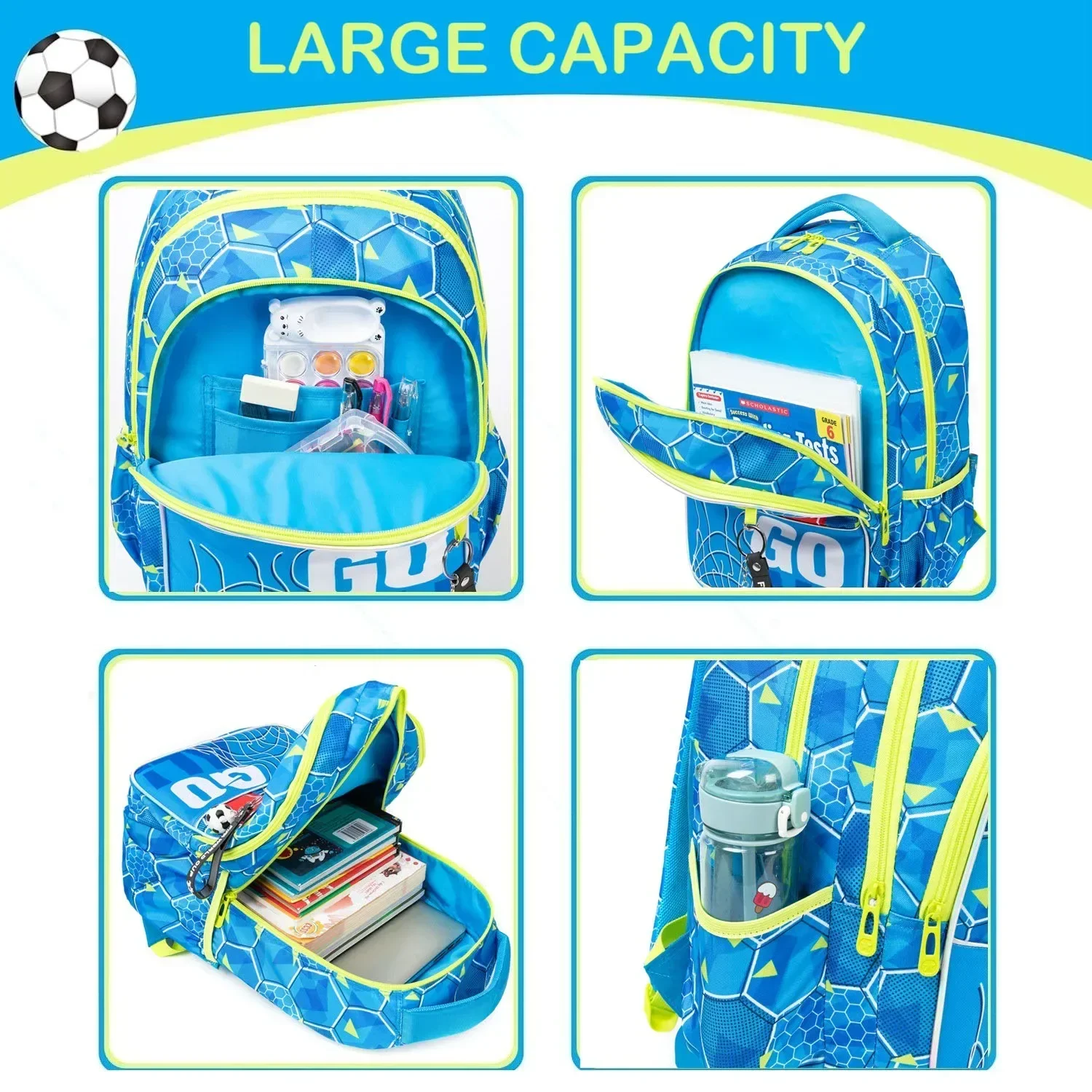 Mochila escolar con estampado de fútbol para niños, bolsa de almuerzo, estuche para lápices, mochila de regreso a la escuela, 3 piezas