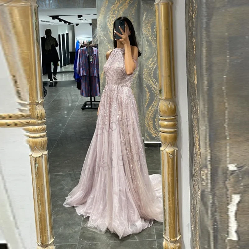 Maßgeschneiderte funkelnde Saudi-Arabien Abendkleider Halt Perlen Partykleid A-Linie Dubai Abendkleid Vestidos de Fiesta