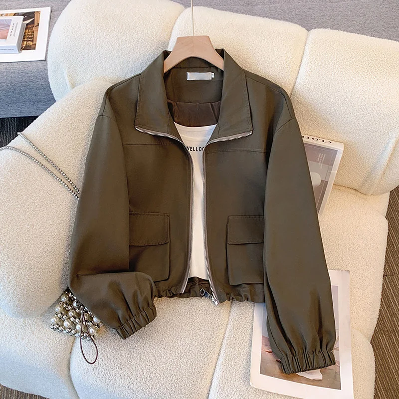 

2026 New American Vintage Women's Coat Loose Short Casual Versatile Cargo Jacket Spring Autumn Minimalist Solid Color Outerwear