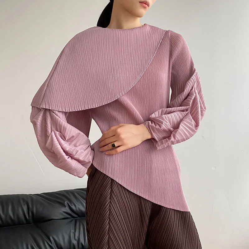 

Miyake Pleated Women's Tops Bubble Sleeve Design Summer New Gentle Taro Purple Section T-shirt Loose Plus Size Commuter Clothing