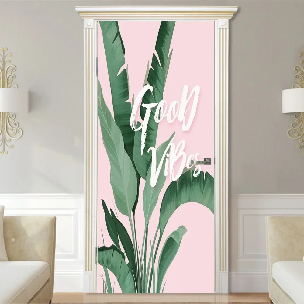 Green Palm Leaf Door Stickers Tropical Plants Self-Adhesive Wallpaper Cover Bedroom Entrance Poster Furniture Decal Home Design