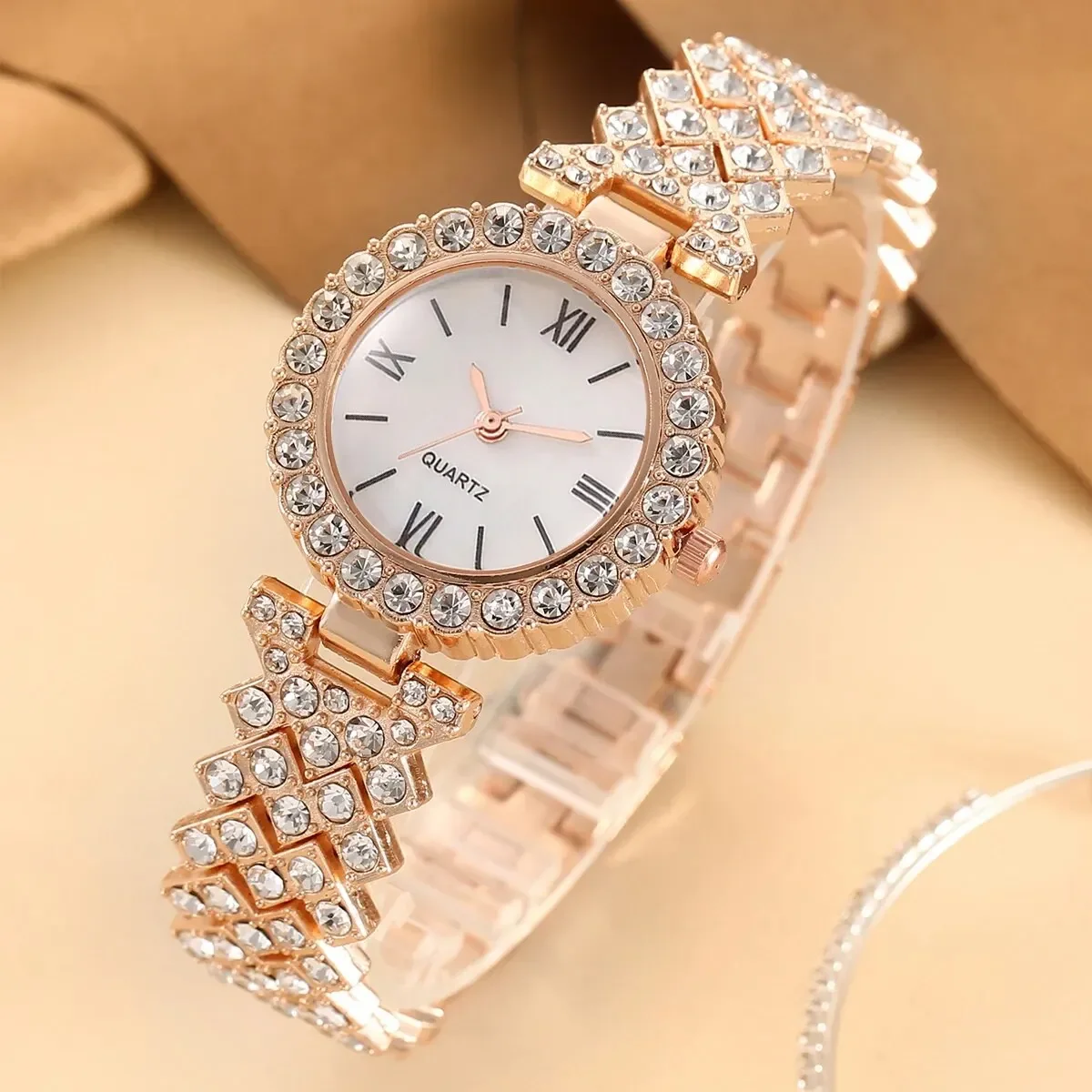 6Pcs Women\'s Fashion Trend Luxury Luxury Rhinestone Roman Quartz Watch Butterfly Rhinestone Necklace Ring Bracelet Gift Set