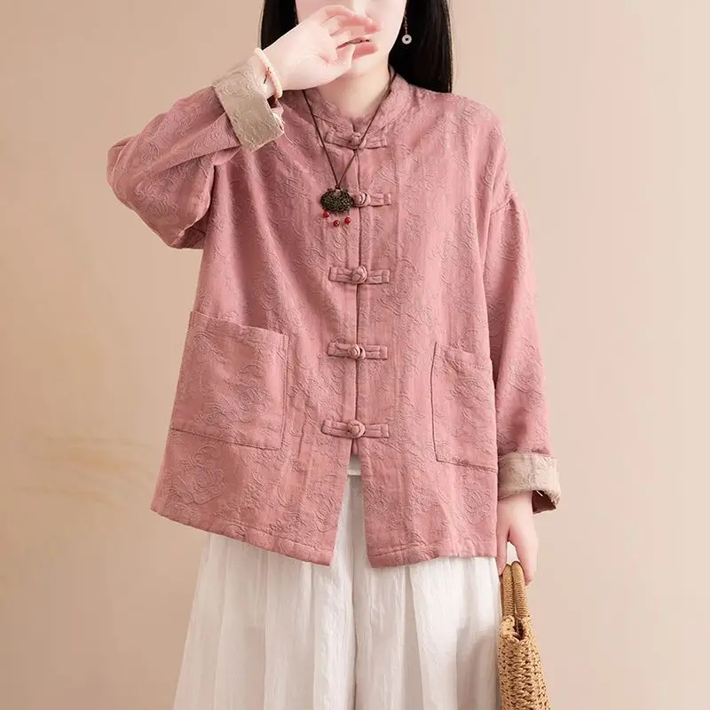 Retro Cotton and Linen Button-up Shirt Women's Spring Autumn New Chinese Style Jacquard Improved Tang Style Linen Cardigan Top