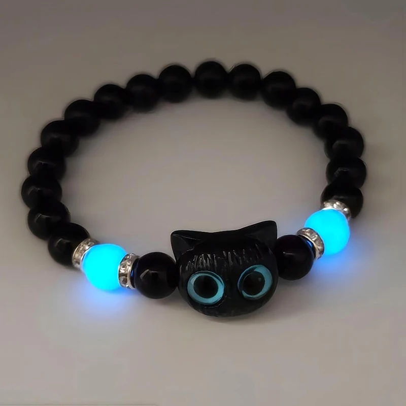 Pulseras luminosas de gato de ojo grande para mujer, colgante de Animal de dibujos animados, cadena de mano con cuentas, pulsera de amistad, regalo