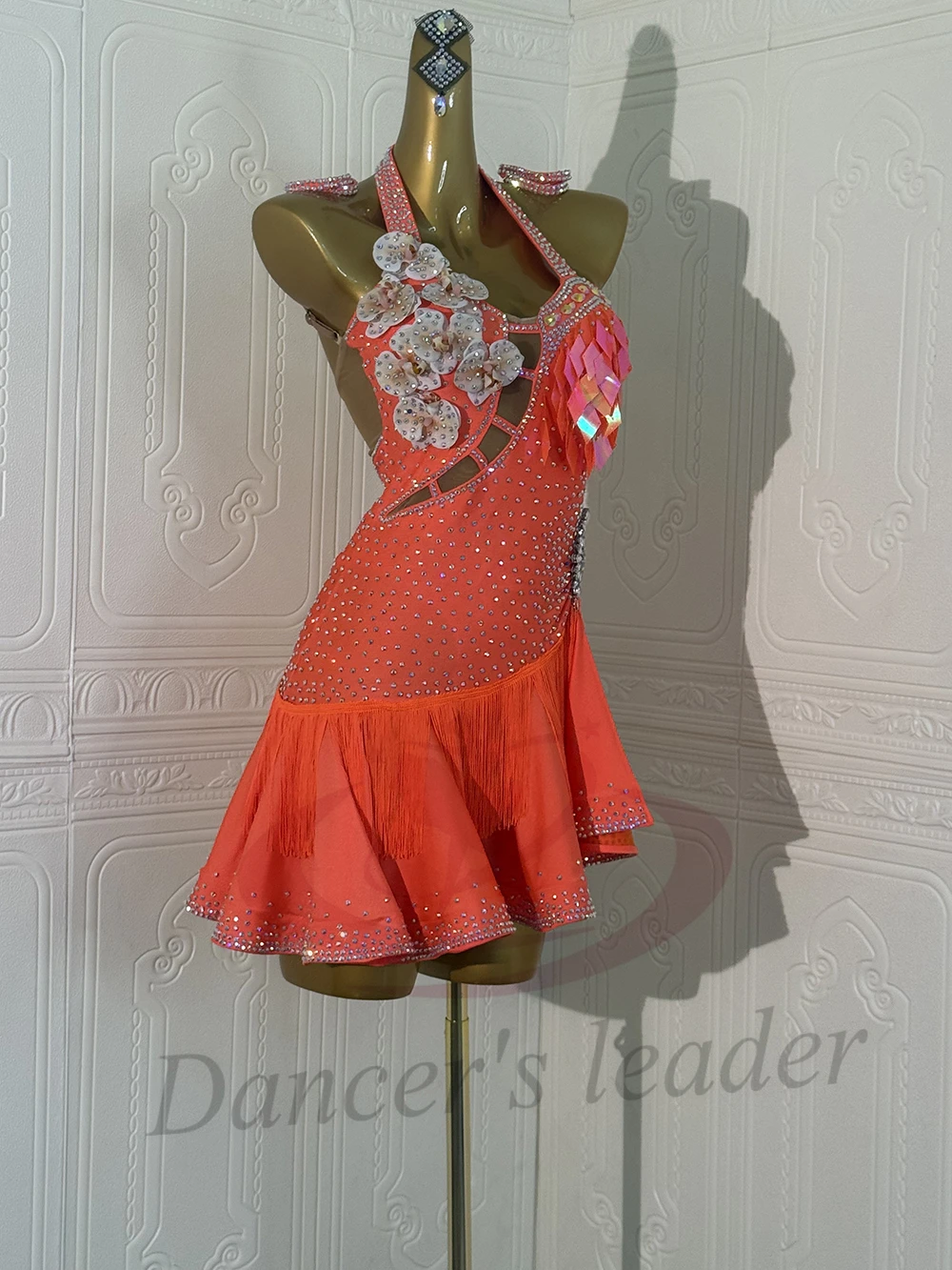 ملابس رقص اللاتينية AB Stone الإناث الكبار الأطفال الراقية مخصص الجوف زهرة فستان شرابة تنورة سوداء بركة فستان السامبا