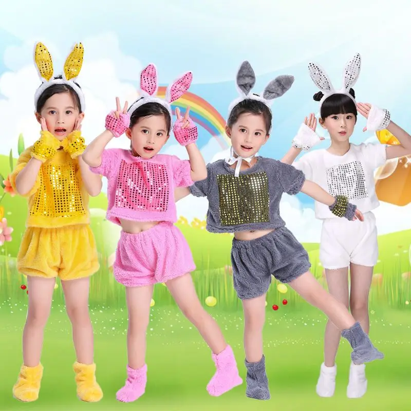 

White Pink Gray Rabbit Costume For Children Cute Halloween Animal Cosplay Suit Short Sleeve School Performance Dance Wear