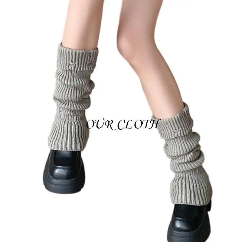 Women Rib Knit Flared Leg Cover Color Distressed Ripped Leg Warmer Socks Y1AC