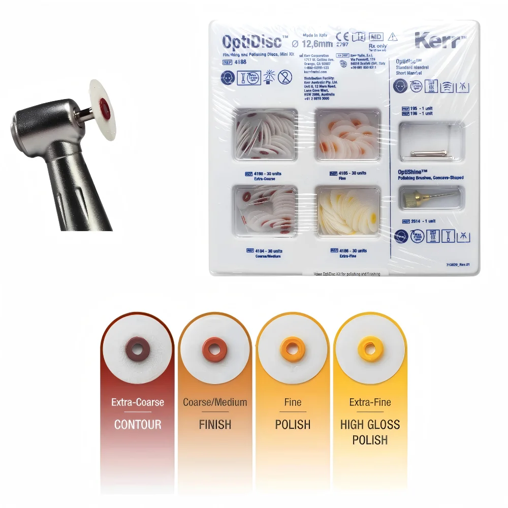 

Kerr Hawe OptiDisc Mini Kit Complete Dental Polishing 4188 12.6mm 120 Assorted Disc 3 Mandrel Accessories Treatment Restoratives