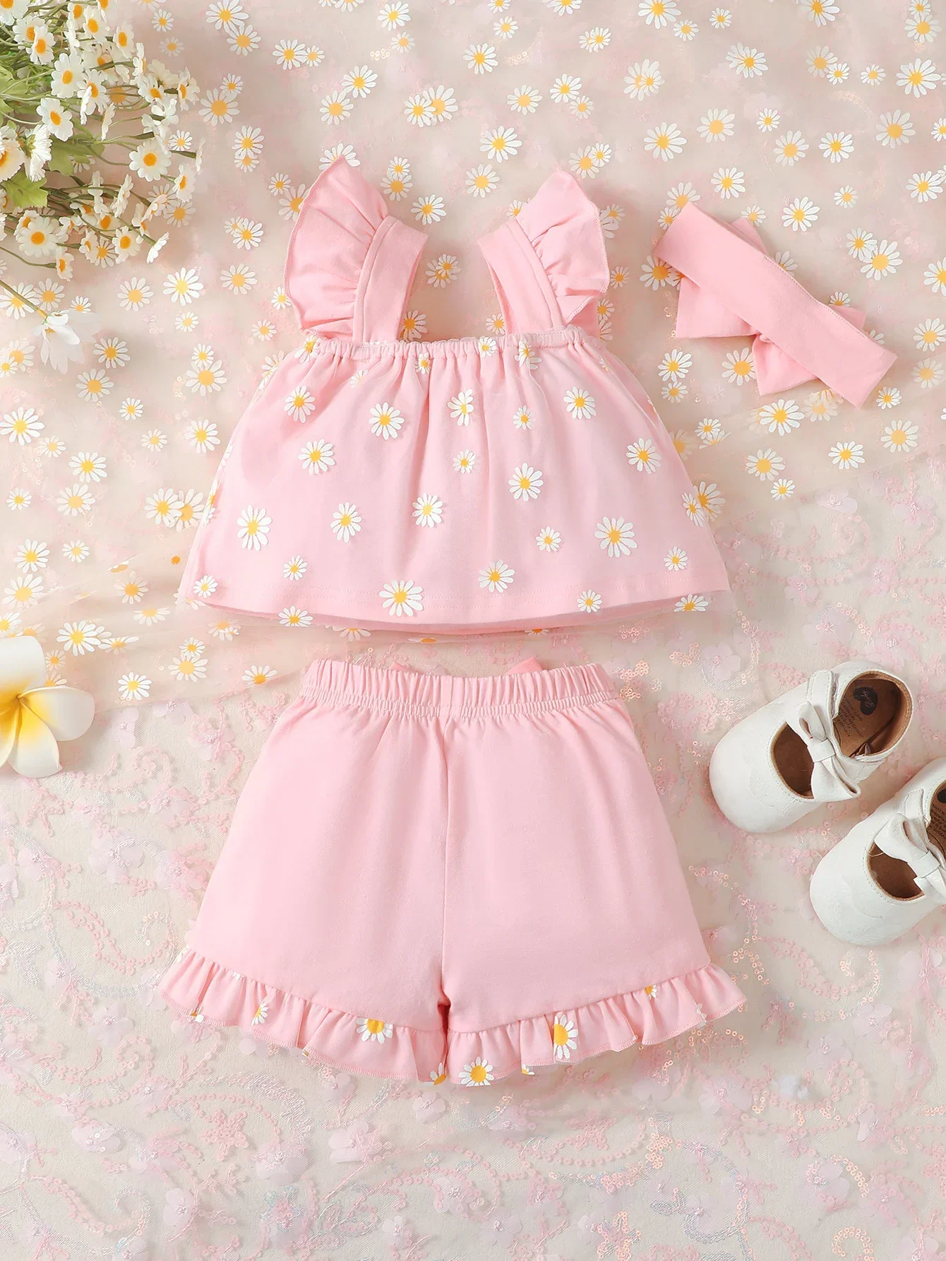 Baby Girls Clothing Set Summer Suspender Top Floral Print Vest + Children\'S Fashion Bow Shorts Kids Clothes +Headband  3pcs Suit