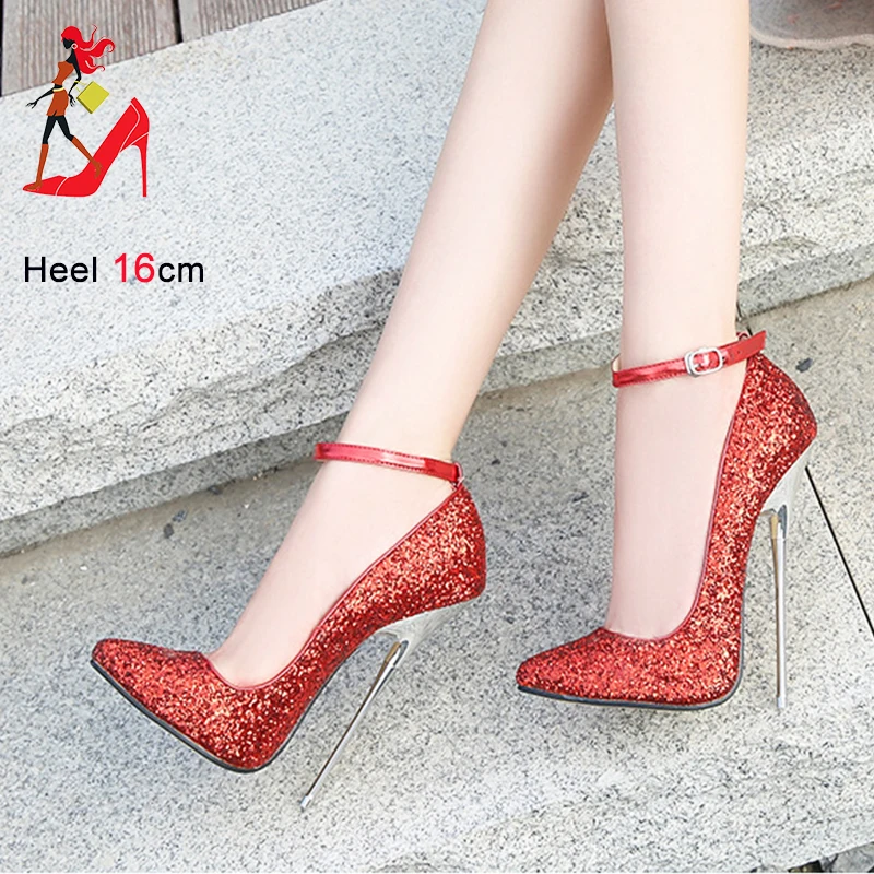

Model Show Высококачественные туфли на высоком каблуке 16 см, однотонные туфли с острым носком, клубные туфли-лодочки с блестками и пряжкой на щиколотке, женская обувь в стиле фетиш