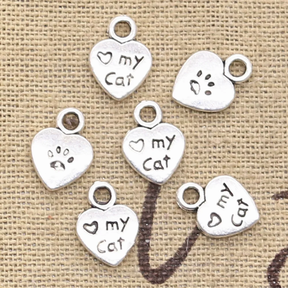 50 sztuk Charms serce miłość mój kot 12x9mm wisiorek Handmade Making fit,Vintage tybetański brąz srebrny kolor, DIY dla bransoletka naszyjnik