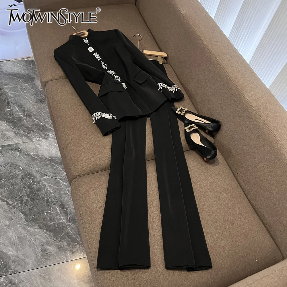 

TWOTWINSTYLE Vintage Elegant Two Piece Sets For Women Stand Collar Long Sleeve Top High Waist Pants Autumn Set Female KSE548187