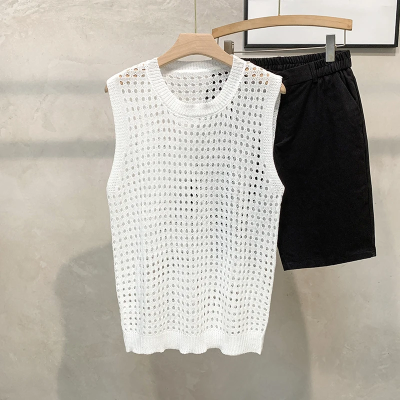 Sleeveless Vest Men Summer New Korean Thin Casual Loose Solid O-neck Pullover Tops Fashion Versatile Black Knit Hollow Out Coat