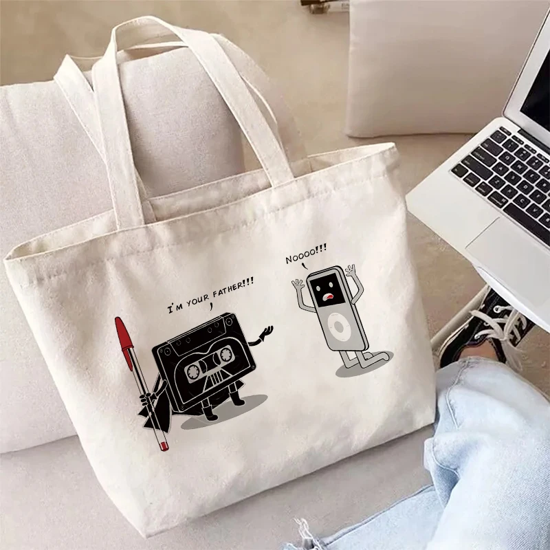 

Darth Vader Vs IPod Print Tote Bag Gift for Movie Fans, Funny Cassette Tape Parody Shoulder Bag Pop Culture Humor Women Handbag