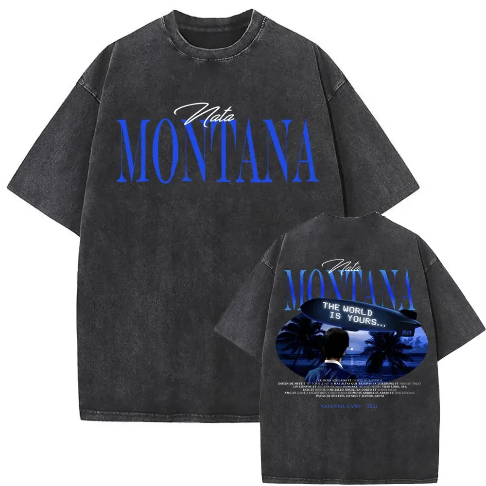 Rapero Natanael Cano Nata Montana el mundo es tuyo lavado Vintage camiseta hombres mujeres Hip Hop moda calle cuello redondo camisetas