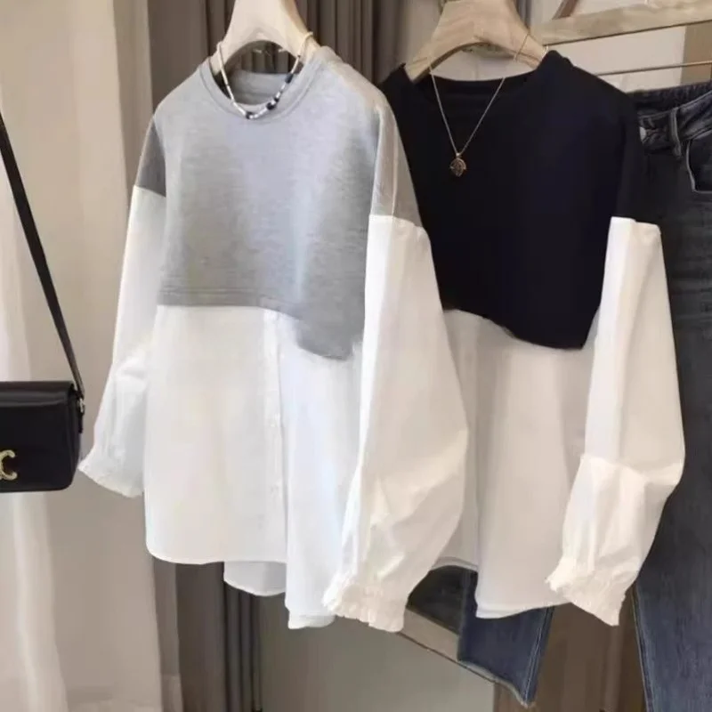 

plus Size 300 Pounds Sweatshirt Style Shirt Men's Spring Autumn Korean Version INS Flared Sleeve Patchwork Breathable Shirt