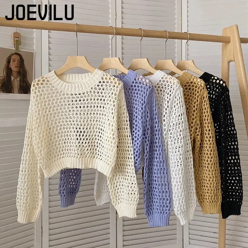 Hollow Out Knit Crop Top Women\'s Slim Fit Long Sleeve Pullover Spring Summer Casual Shirts Korean Fashion Streetwear Blouse Y2k