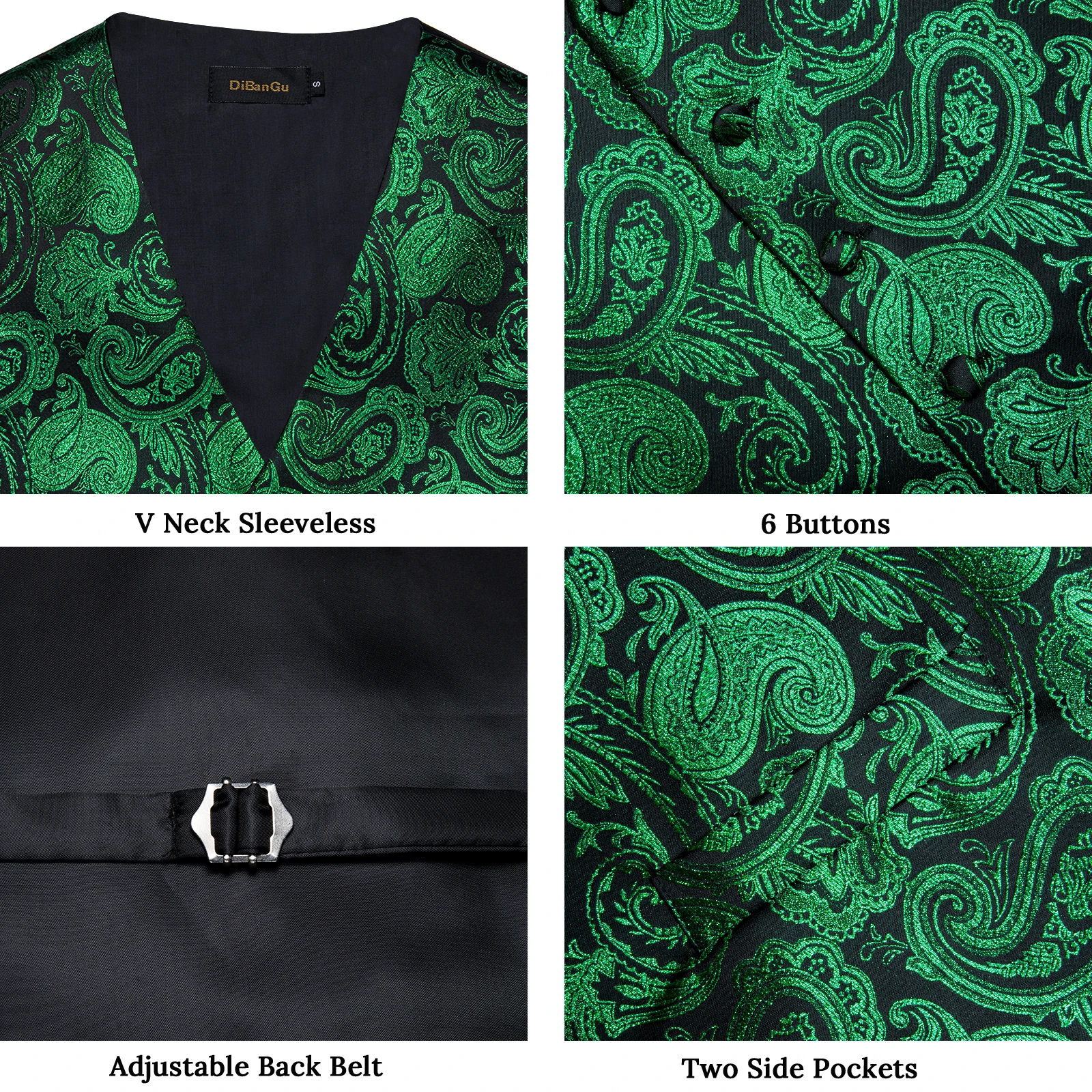 Fashion Green Paisley Vest for Man Business Festival Dress Fit Men\'s Waistcoat Luxury Silk Necktie Pocket Square Cufflinks Ring