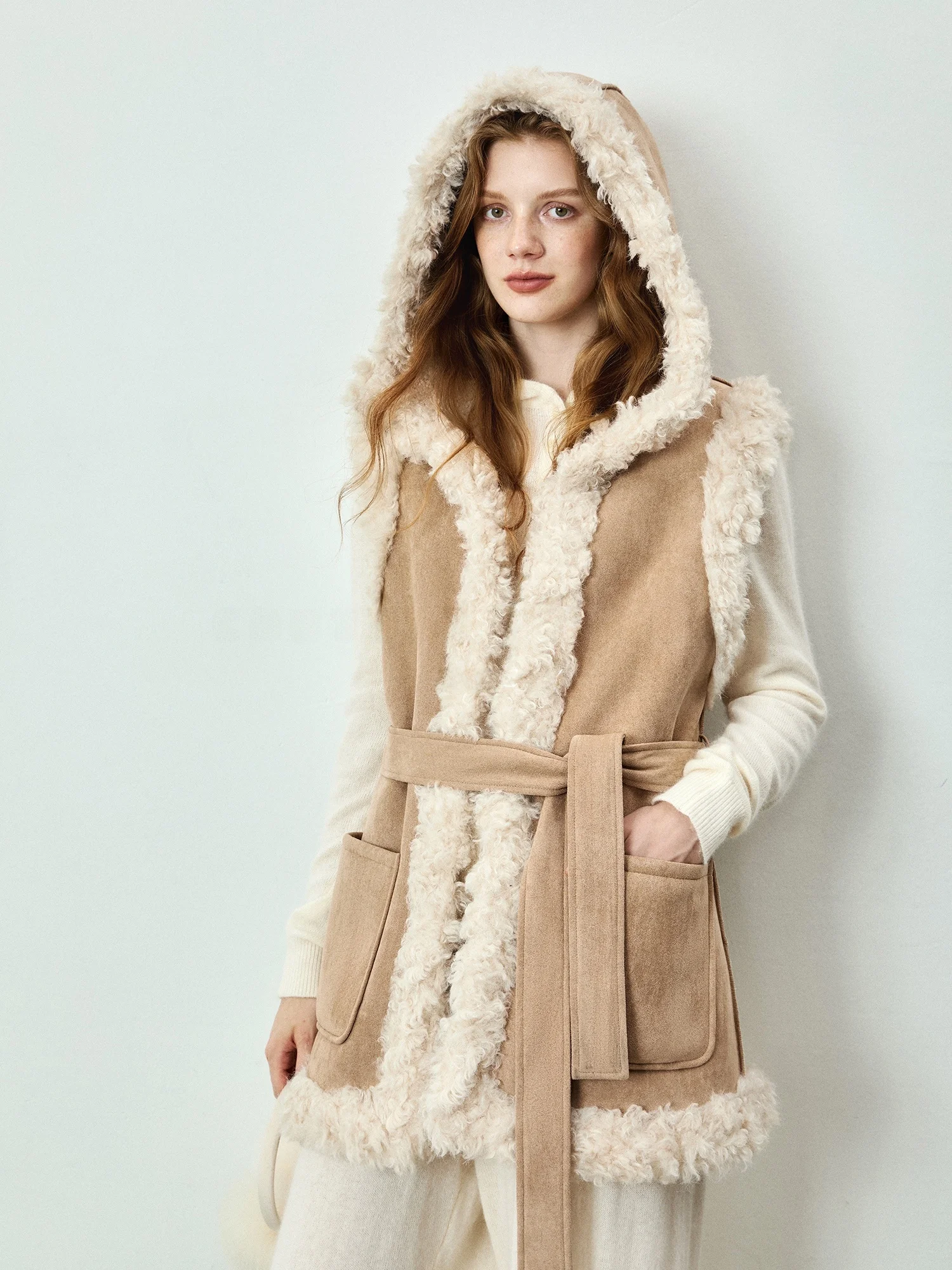 

SUK Autumn Winter Retro Sle Belted Slim Fit Fur Vest Coat Women's Long Sve Zipper Closure Coat Warmth Pure Color Straigh...