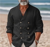 European and American Popular New Men's Double Breasted Cotton Linen Shirt Stand Up Collar Solid Color Casual Business Shirt