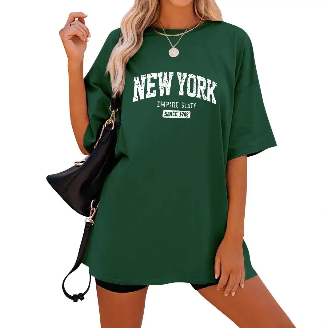 تي شيرت نسائي فضفاض موديل 2023 بأسلوب كاجوال برقبة مستديرة وأكمام قصيرة مطبوعة وأكمام خفاشية من القطن المريح #2