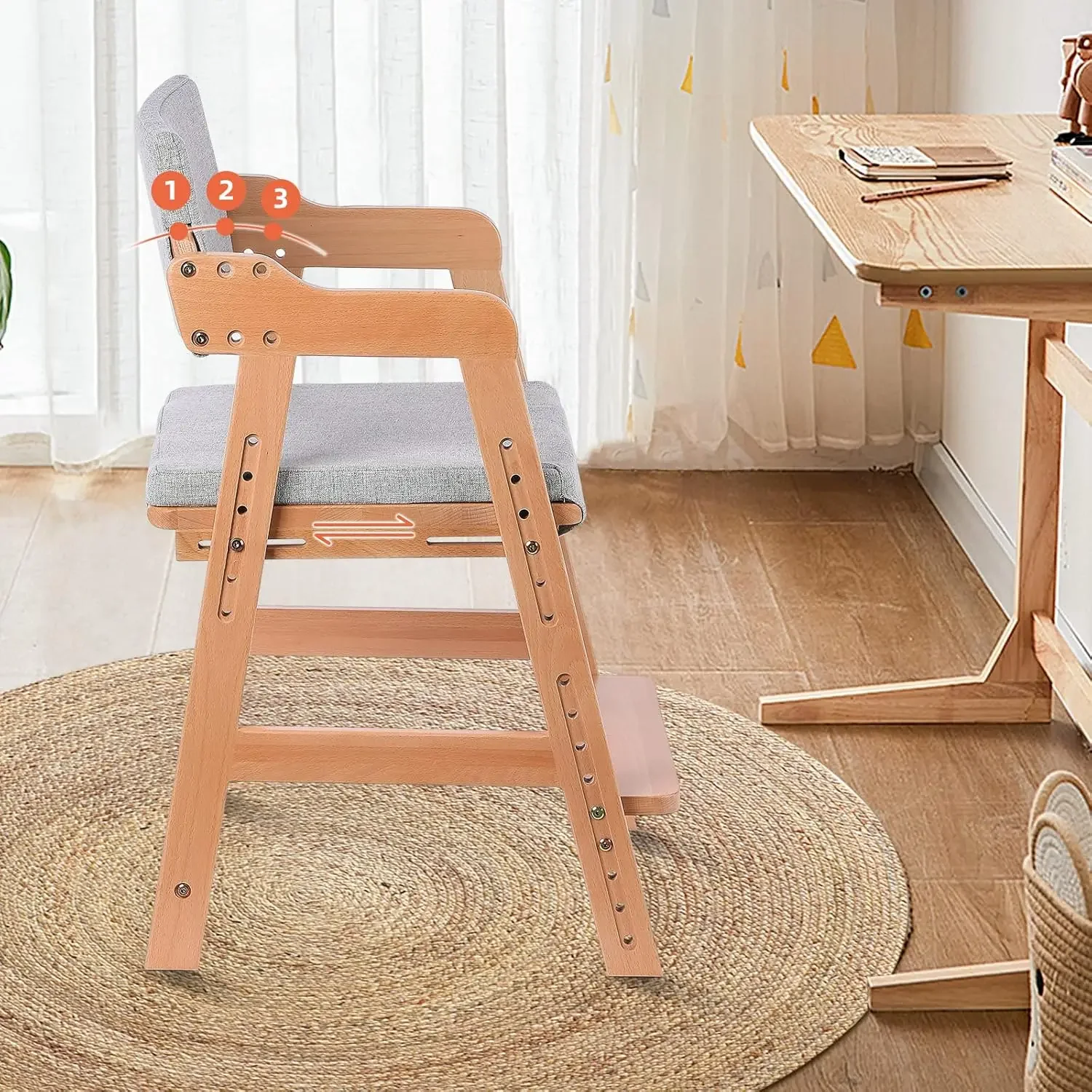 

Wooden High Chair, Adjustable Highchair for Toddlers to Teens with Steps, Kids Dining Chair,