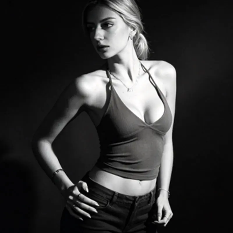 Women Halter V Neck Crop Cami Top Sleeveless Twist Front Solid Brown Slim Fit Y2K Going Out Club Tank Vest