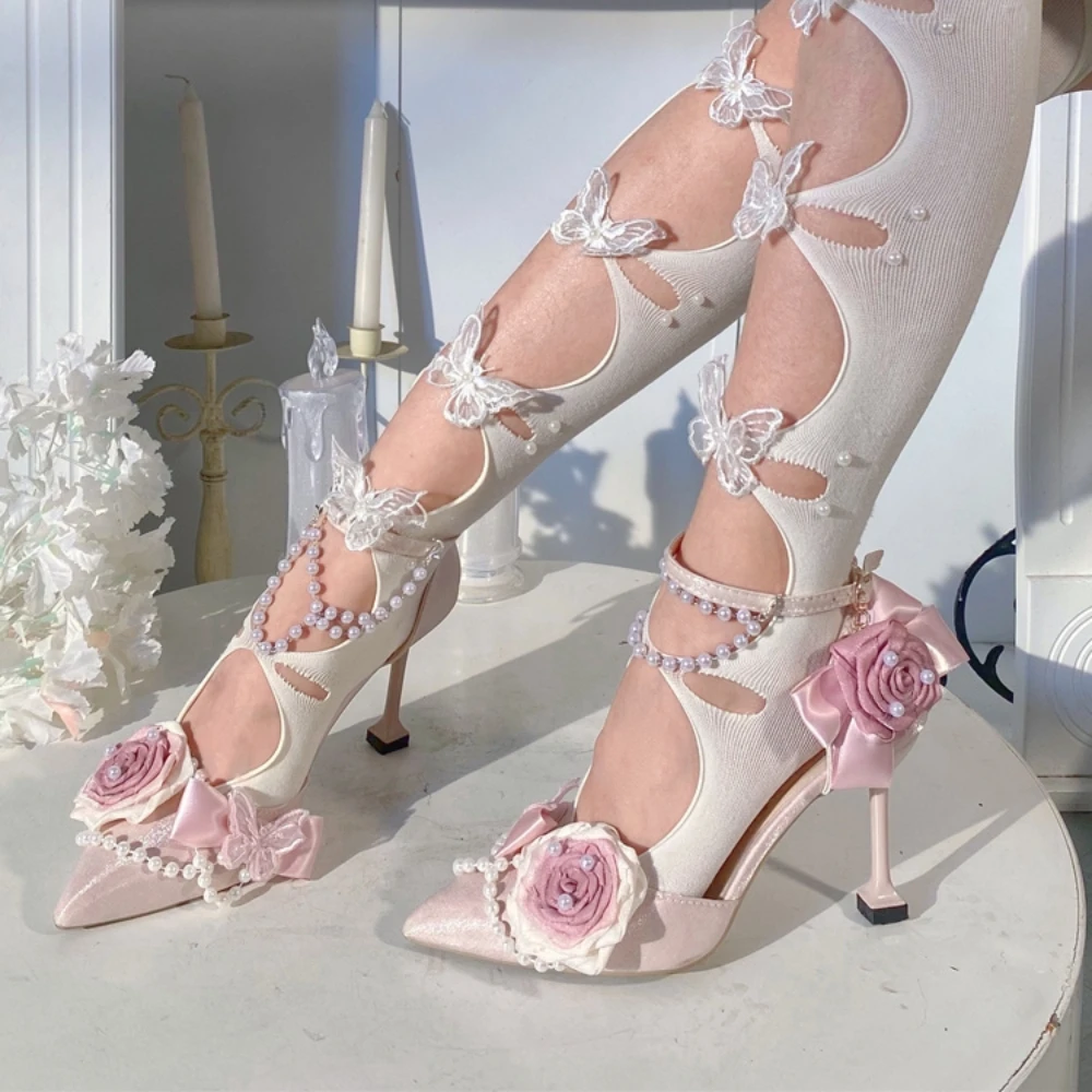 

Lolita Shoes Sweet Elegant High Heels Pointed Pearl Pink Sandals Stiletto Party Wedding Dress Women's Shoes Pumps Original