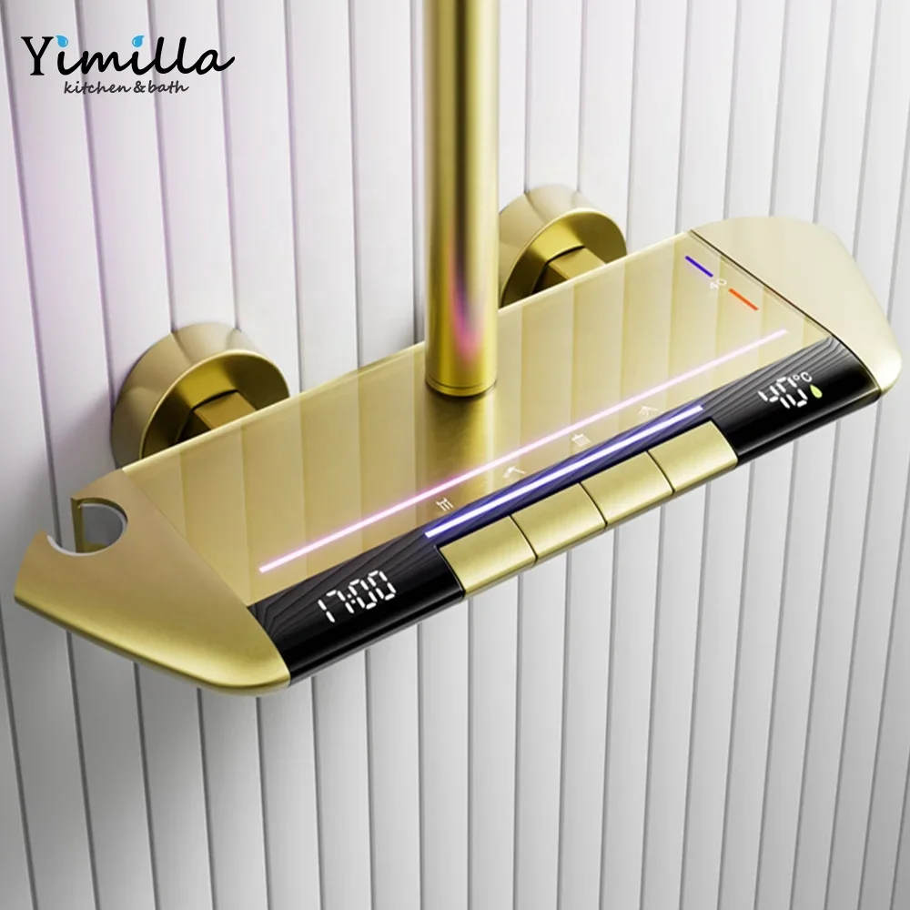 Modern Luxury Brass Shower Set Gun Grey  Massage Brushed Gold Digital LED Light Bathroom Shower Set with Cold and Hot Water