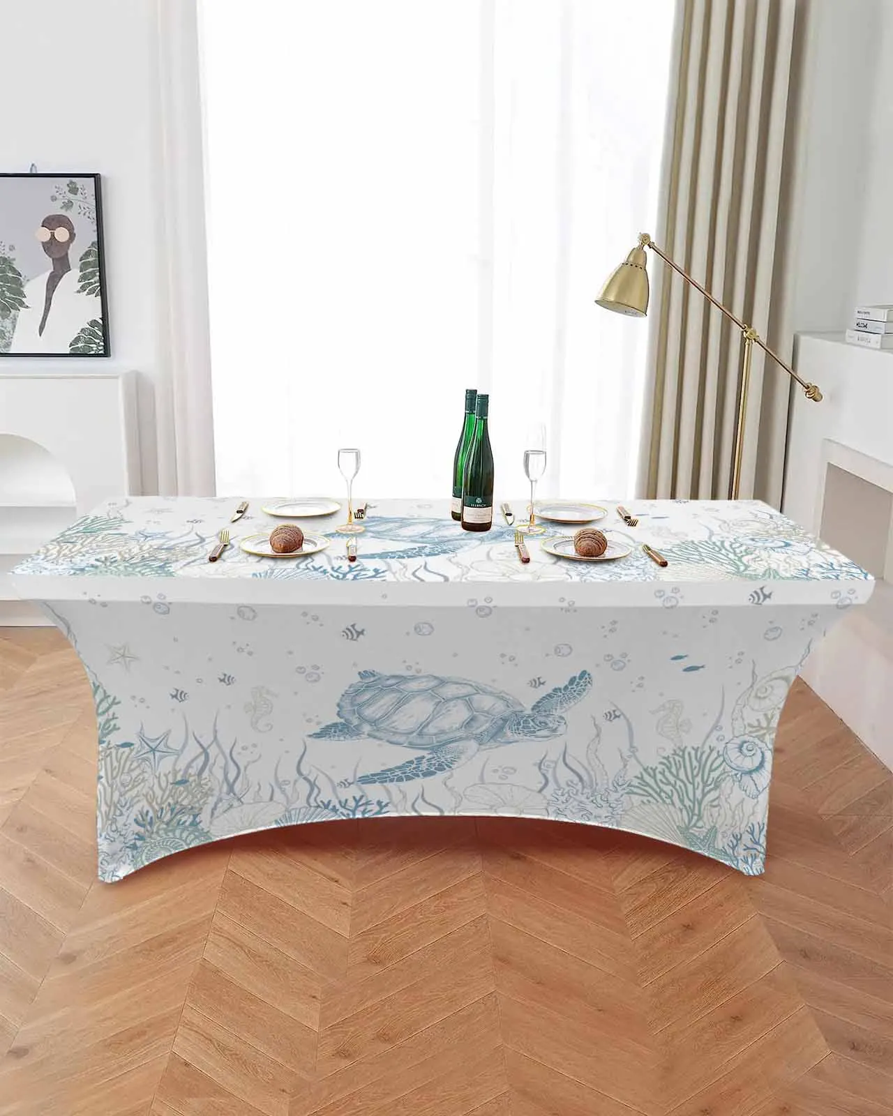 Summer Blue Green Marine Organisms  Elastic Table Skirt Wedding Birthday Table Decoration Table Skirt Tablecloth for Party