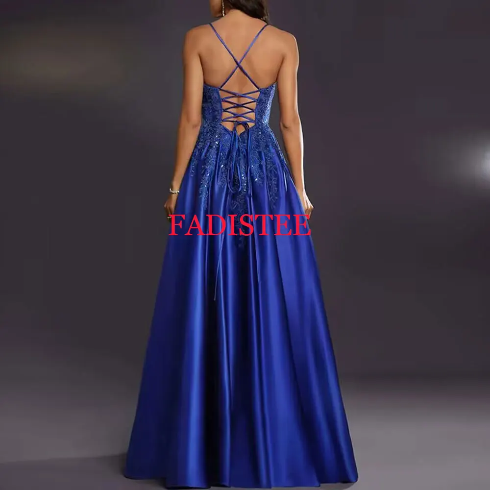 Customized Spaghetti Straps Sleeveless Prom Dresses Lace Appliques A-line Floor Length Sexy Open Back Lace-up Women Party Gowns image 2