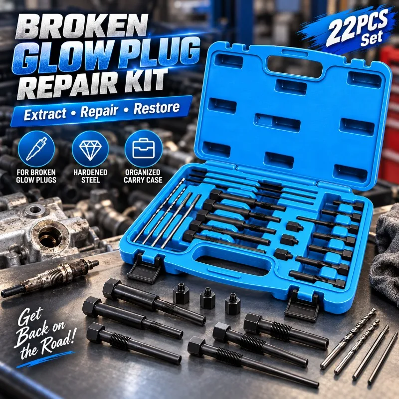 22PCS Broken Glow Plug Removal Kit, Electrode Extractor Thread Repair Tool Set M8x1.0 M10x1.0 M10x1.25 for Diesel Engines