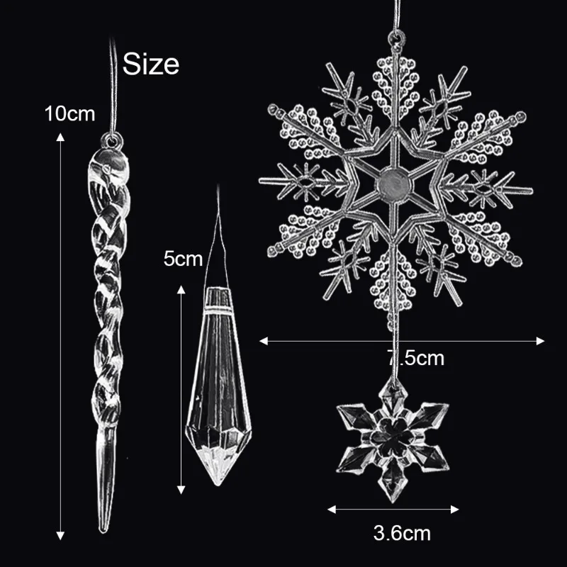 투명 크리스탈 눈송이 고드름 펜던트, 아크릴 반짝이 DIY 크리스마스 트리 행잉 장식, Navidad 새해 파티 홈 장식