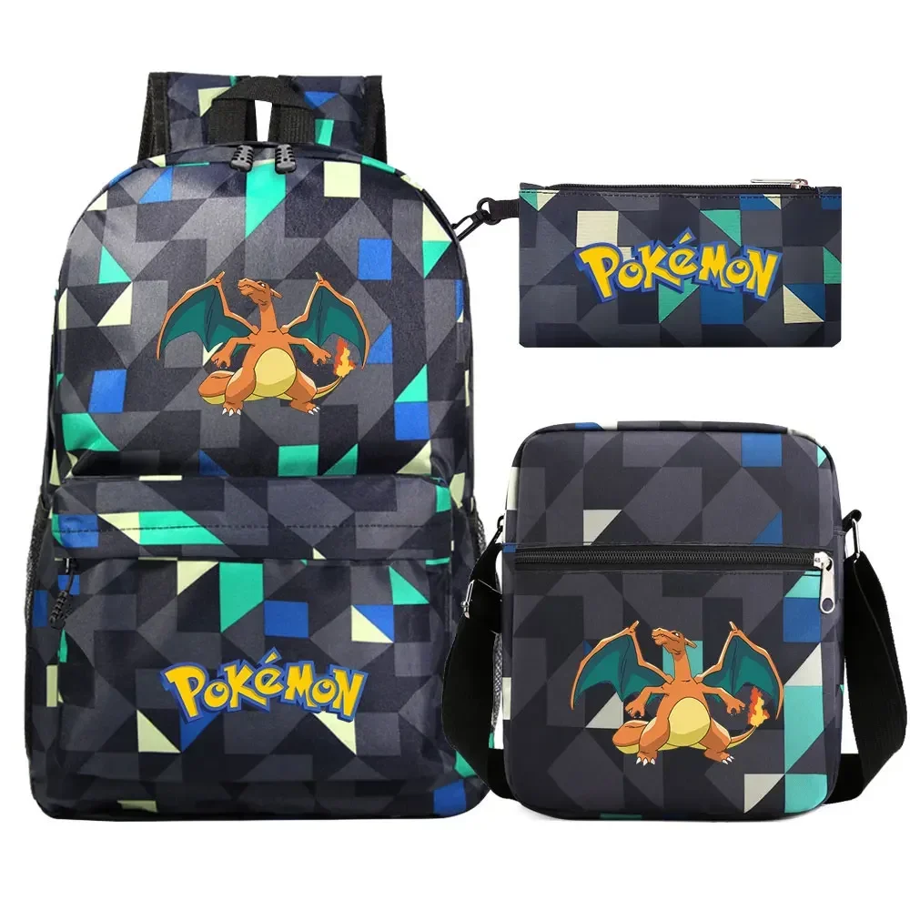 New Charmander Charizard Gengar 3Pcs Boy Girl Kids School Book Bags Travel Backpack Shoulder  Bag Pen Bags For Men Women