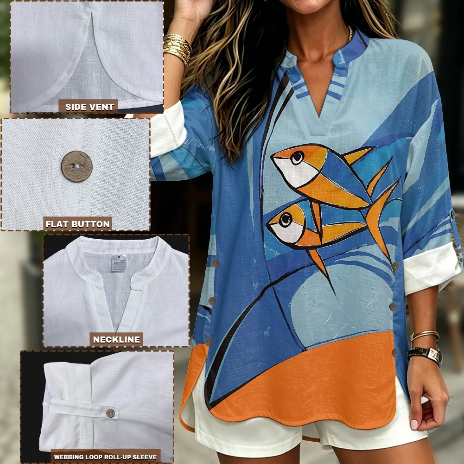 INSTANTARTS Women'S Linen V-Neck Shirt Breathable Long-Sleeved Top Blouse Roll-Up Cuff Lightweight Comfortable Soft Abstract view 5