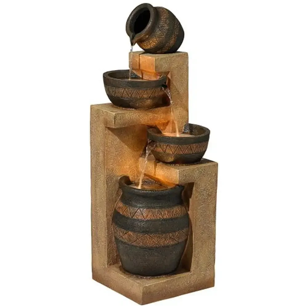 LED Lighted Rustic Southwest Stoneware Bowl and Jar Outdoor Water Fountain 46" High Cascading Garden Patio Deck Lawn Plug-In