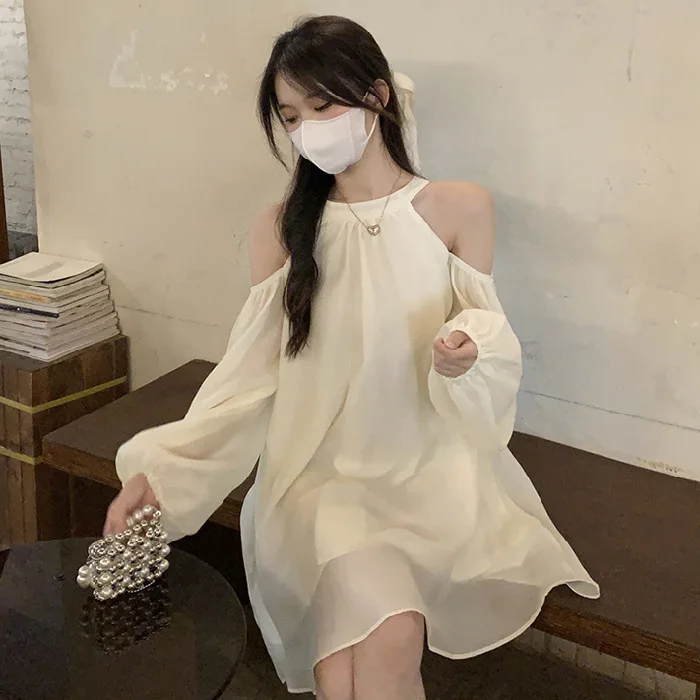 Off-the-shoulder Dress Autumn 2025 New Loose Fashion Temperament White A-shaped Dress Women