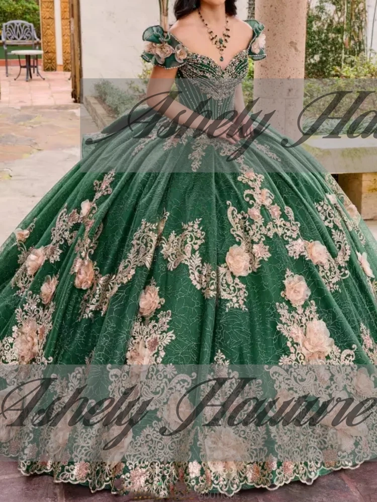 

Customized Luxury Mexican Green Quinceanera Dresses Beading Flower Applique Ball Gown Women Birthday Party Prom Dress Vestido 15