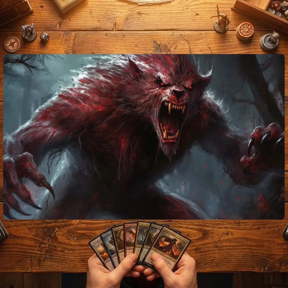 Blood Red Werewolf TCG Playmat 35X60CM Dark Forest Savage Beast Magic Card Battle Mat Non-Slip Durable Stitched Edge TCG Playmat