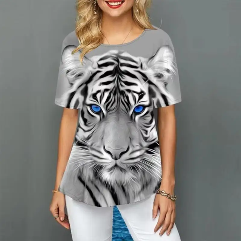 Summer Colorful Tiger 3D Print T-Shirts Fashion Women's Round Neck Short Sleeve T Shirt Tees Harajuku Y2K Tops Female Clothing