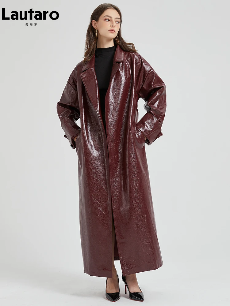 Lautaro Spring Autumn Extra Long Burgundy Pu Leather Trench Coat for Women with Belt Elegant Luxury Designer Maxi Overcoat 2024