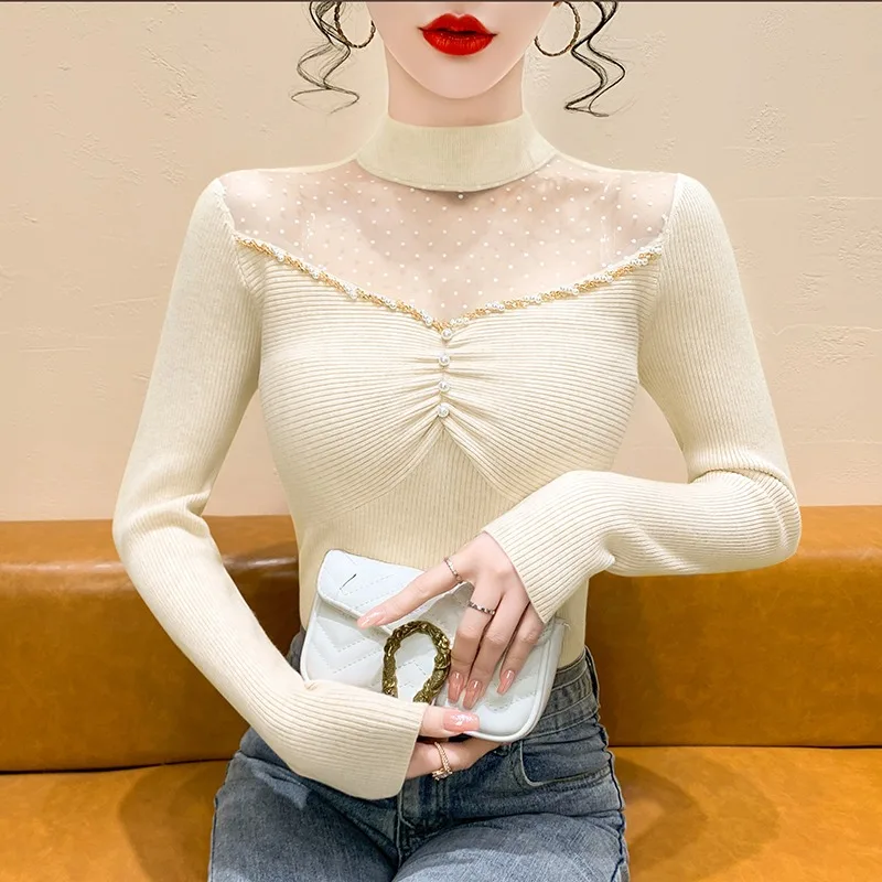 เสื้อสเวตเตอร์ไหมพรมทรงเข้ารูป แขนยาว สไตล์ฝรั่งเศส สำหรับผู้หญิง ประดับมุก ตกแต่งด้วยผ้าคลุมคอสูง เหมาะสำหรับฤดูใบไม้ร่วงและฤดูหนาว