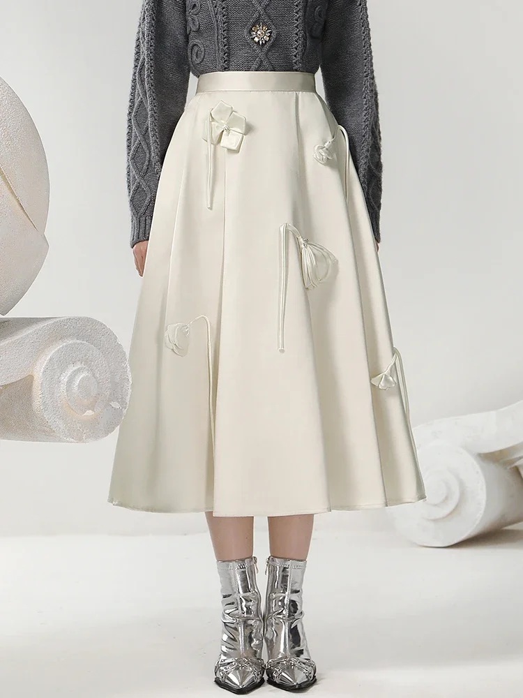 LEOSOXS Temperament Fashion Style Suit Skirt 2024 Autumn/winter New Three-dimensional Disc Flower Design Grey Sweater Skirt