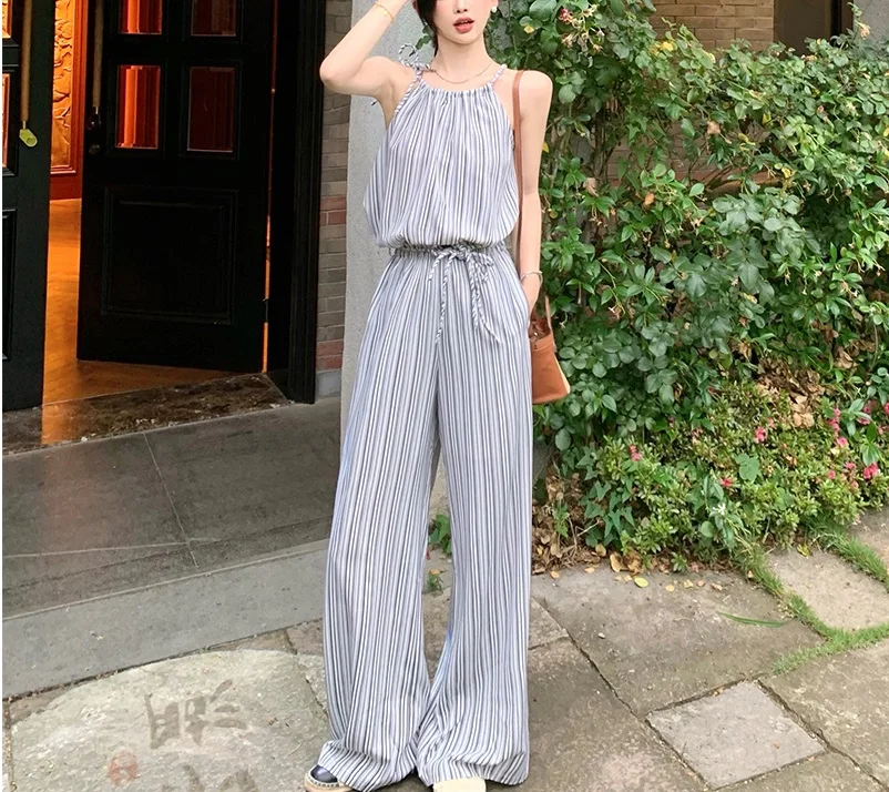 Striped neck vest+wide leg pants set for women's Instagram style Korean fashion two-piece set