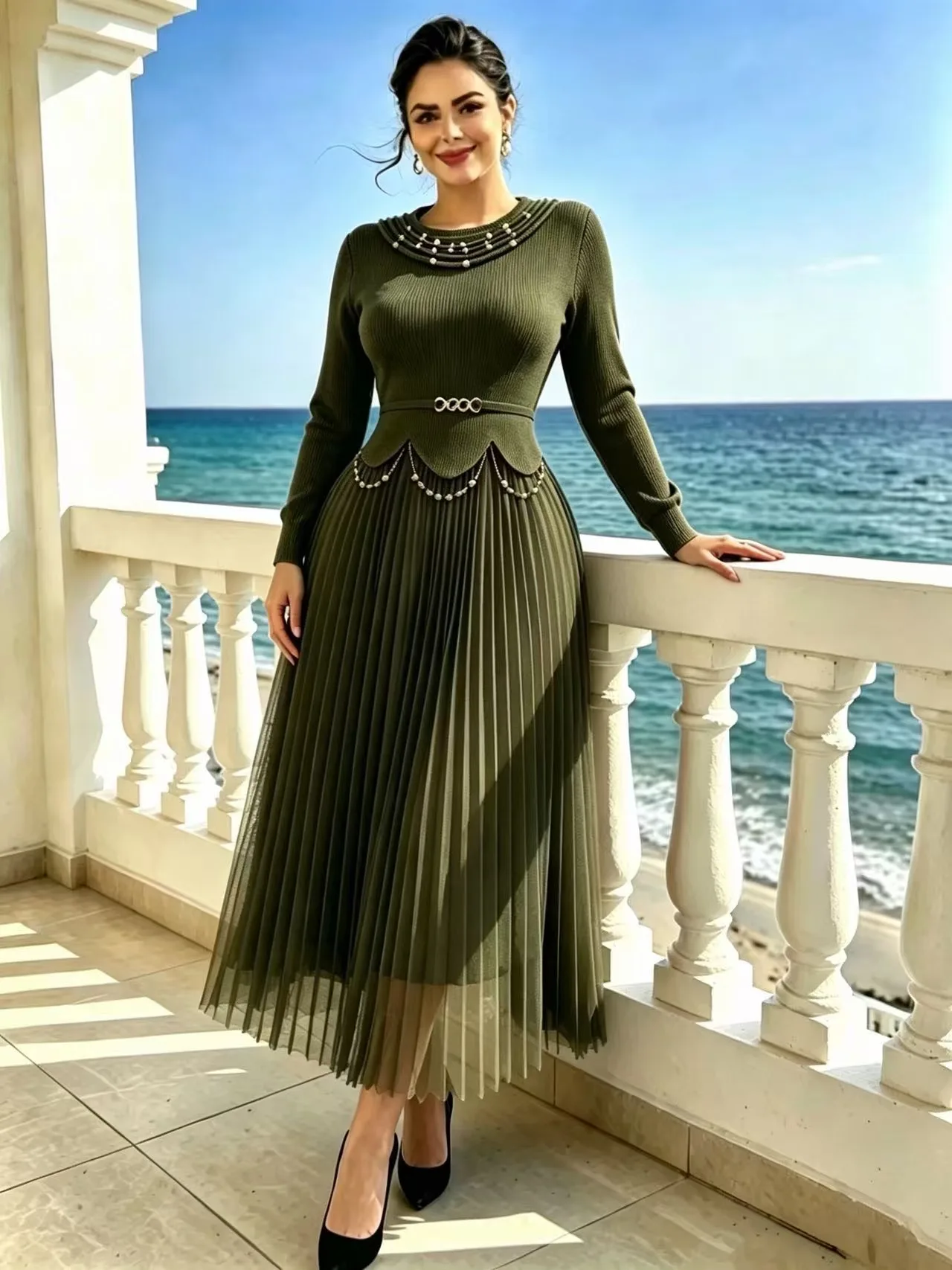 Miyake 2026 Autumn New Pleated Fungus Edge Bead Splicing Collar Decorative Slim and Thin Dresses