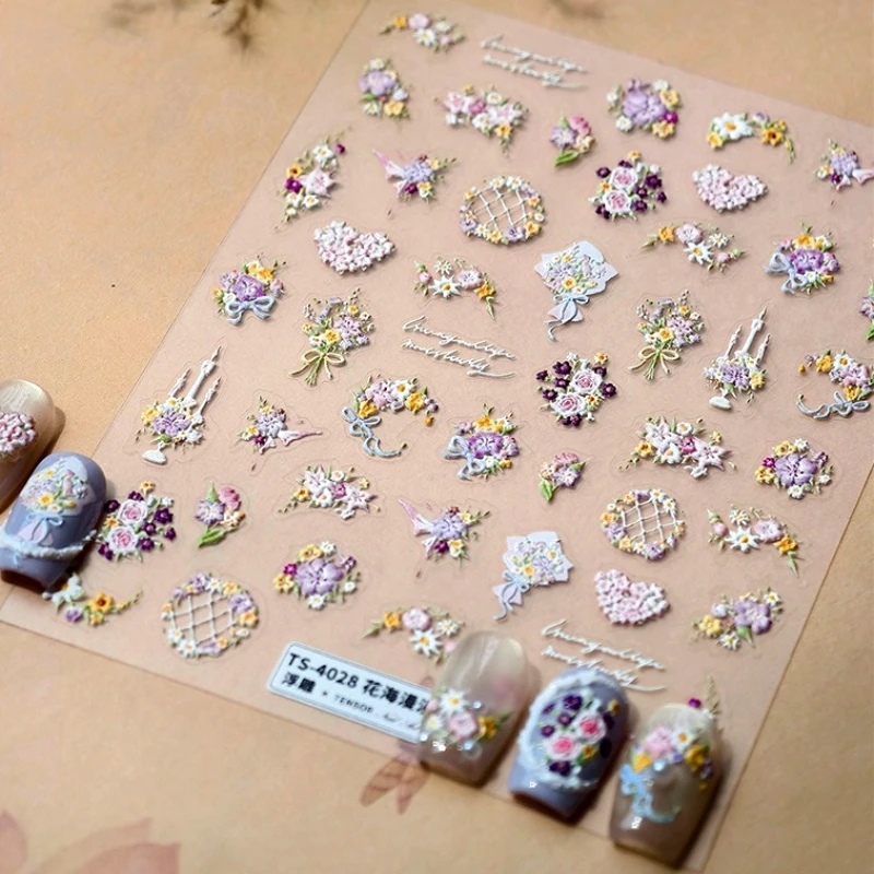 

Romantic Flowers Bouquet Butterfly Rose Bowknot Candlestick Wreath Love Heart 5D Self Adhesive Nail Art Stickers Manicure Decals