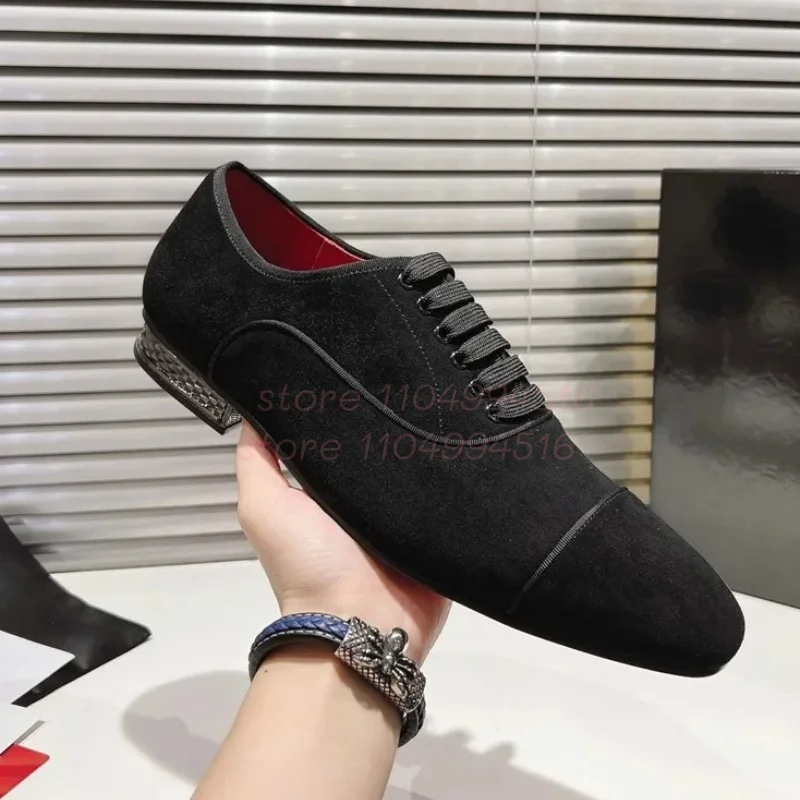 

Black Suede Square Toe Formal Shoes Men Cross Tied Low Heel Shallow Splicing Loafers Male Fashion Casual Business Wedding Shoes