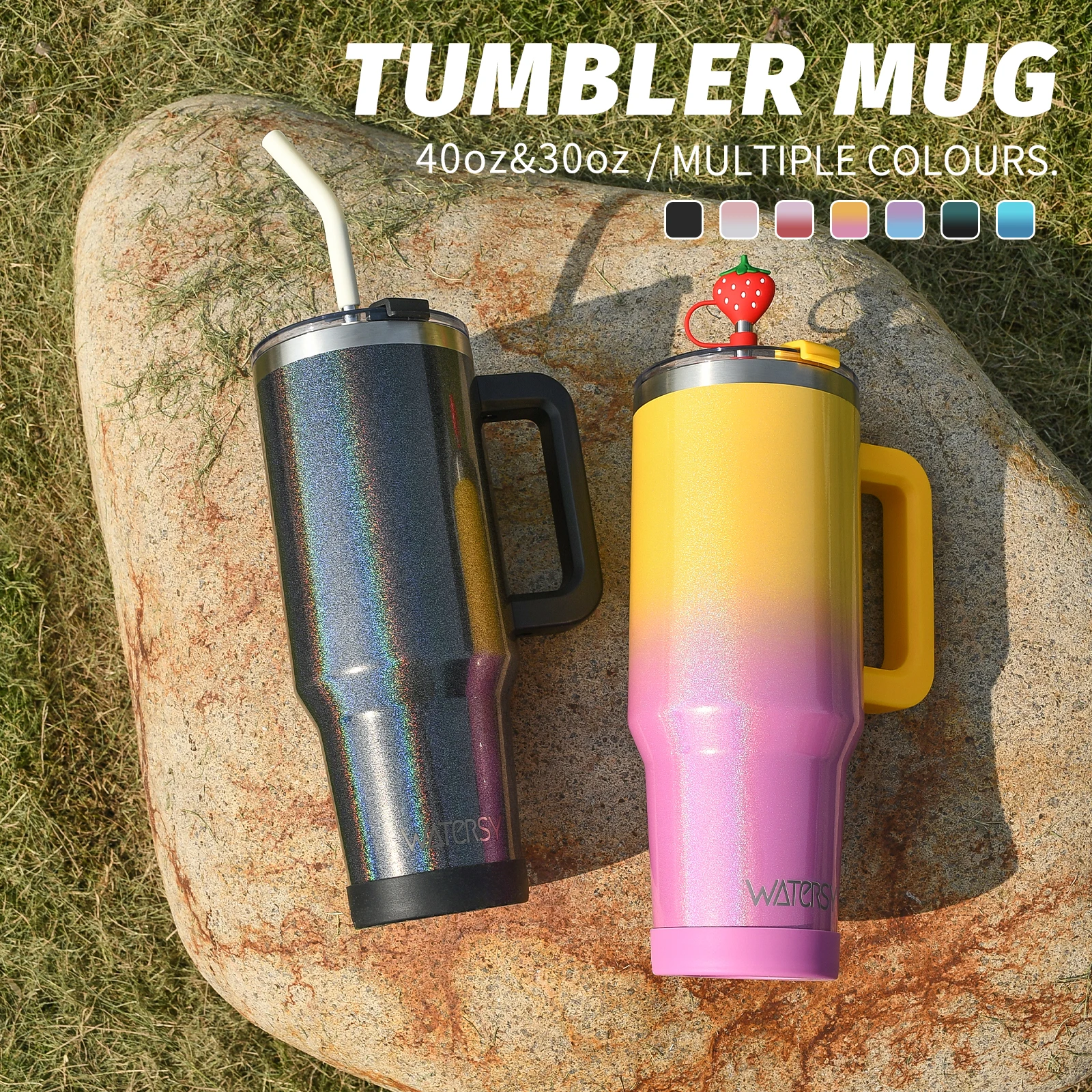 WATERSY 30/40oz Tumbler Thermobecher mit großem Fassungsvermögen, isolierter Edelstahlbecher mit Griff und Strohhalm, doppelwandige Isolierflasche